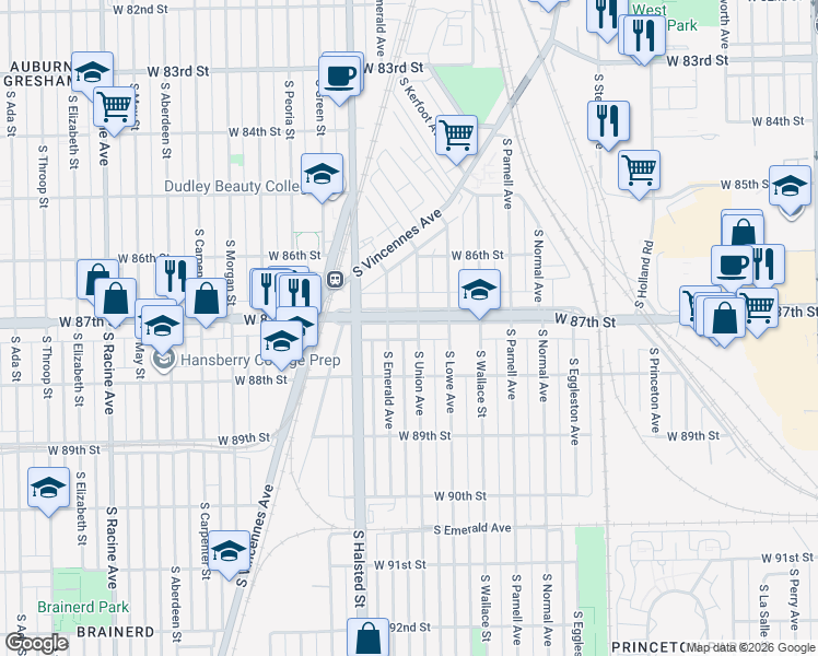 map of restaurants, bars, coffee shops, grocery stores, and more near 717 West 87th Street in Chicago