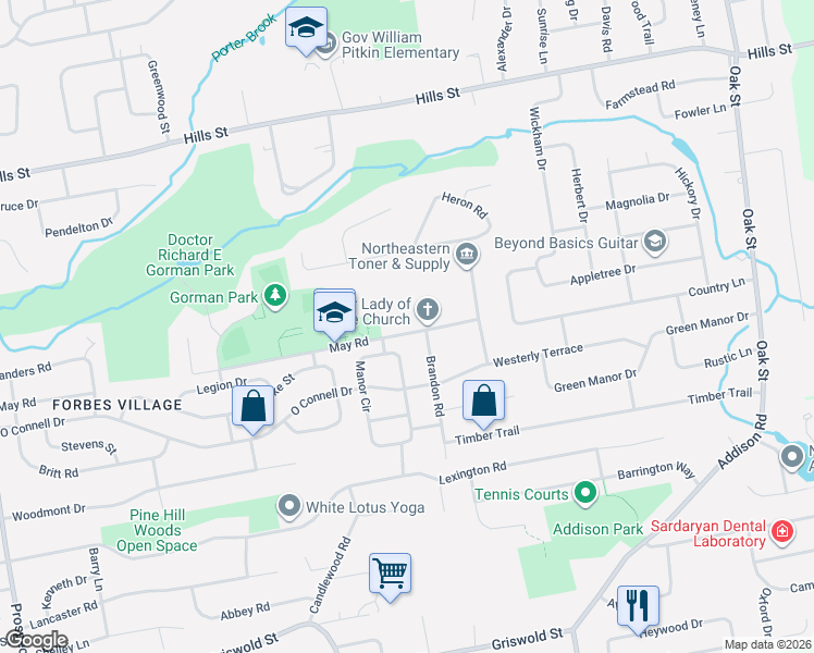 map of restaurants, bars, coffee shops, grocery stores, and more near 352 May Road in East Hartford