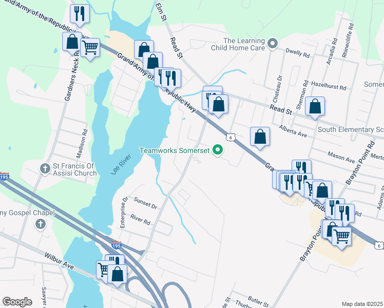 map of restaurants, bars, coffee shops, grocery stores, and more near 621 Lees River Avenue in Somerset