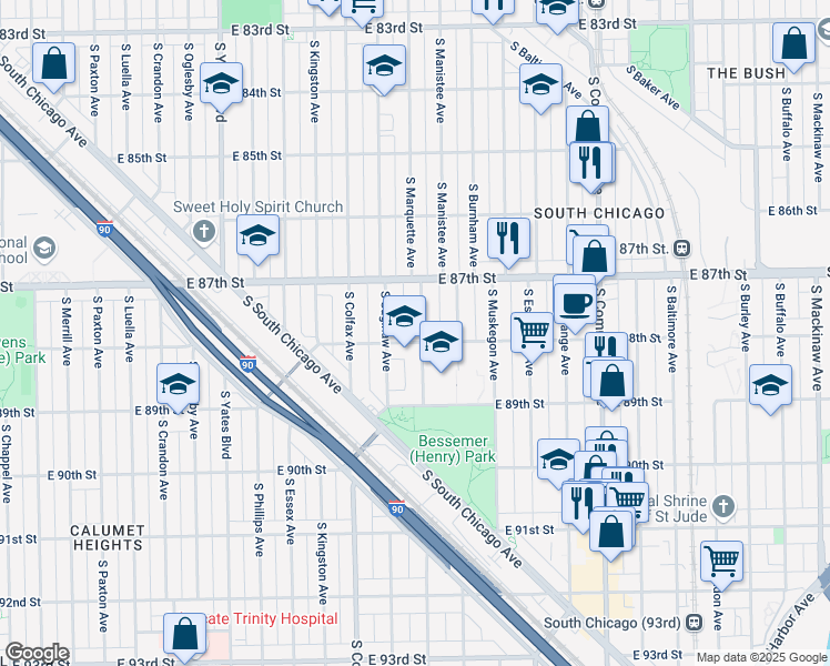 map of restaurants, bars, coffee shops, grocery stores, and more near 8752 South Marquette Avenue in Chicago