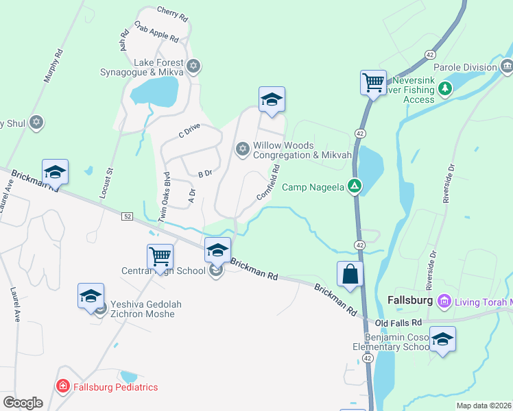 map of restaurants, bars, coffee shops, grocery stores, and more near 28 Cornfield Road in Fallsburg