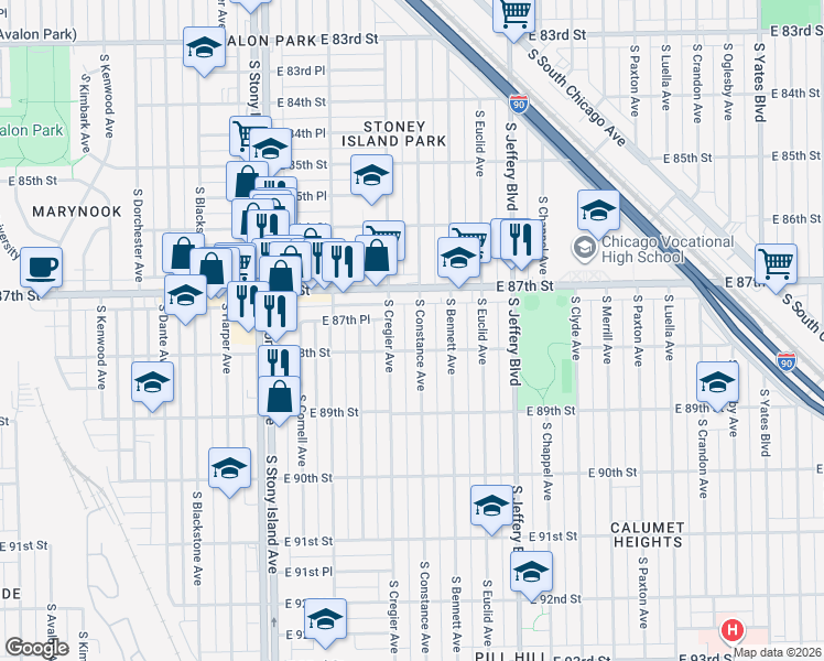map of restaurants, bars, coffee shops, grocery stores, and more near 8733 South Constance Avenue in Chicago