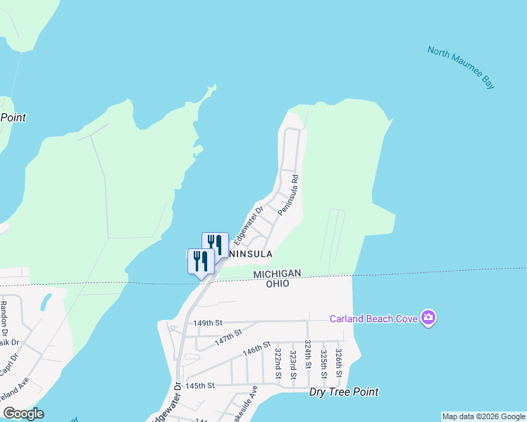 map of restaurants, bars, coffee shops, grocery stores, and more near 3712 Thornapple Road in Erie