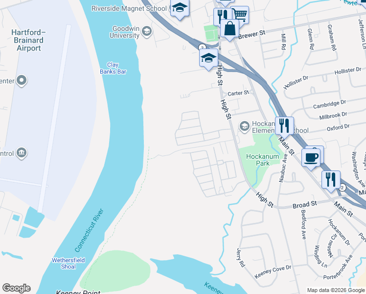 map of restaurants, bars, coffee shops, grocery stores, and more near 39 Shawnee Road in East Hartford