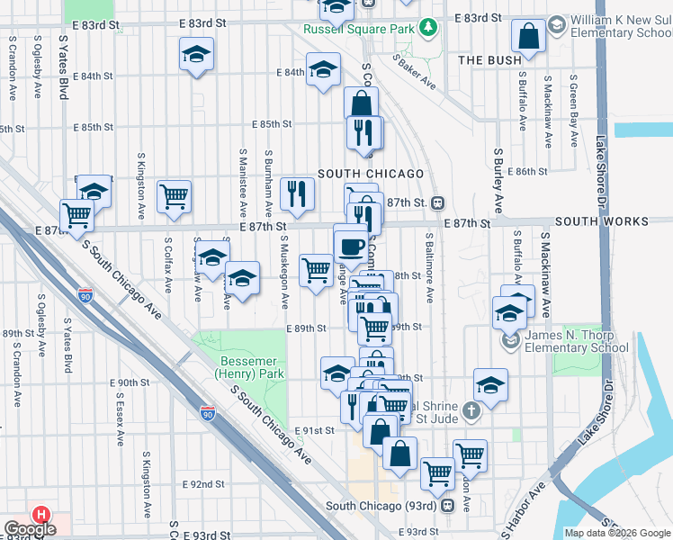 map of restaurants, bars, coffee shops, grocery stores, and more near 8752 South Exchange Avenue in Chicago