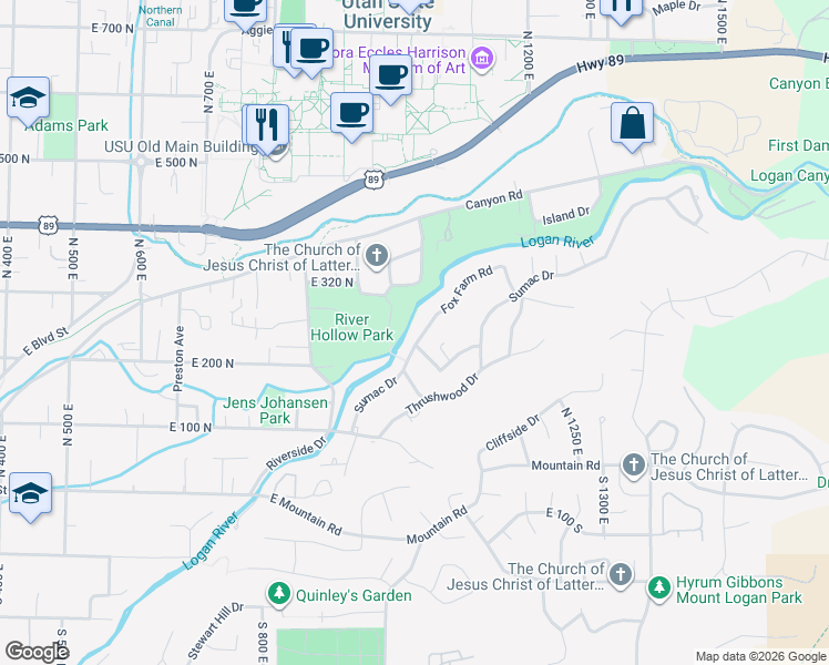 map of restaurants, bars, coffee shops, grocery stores, and more near 1053 Fox Farm Road in Logan