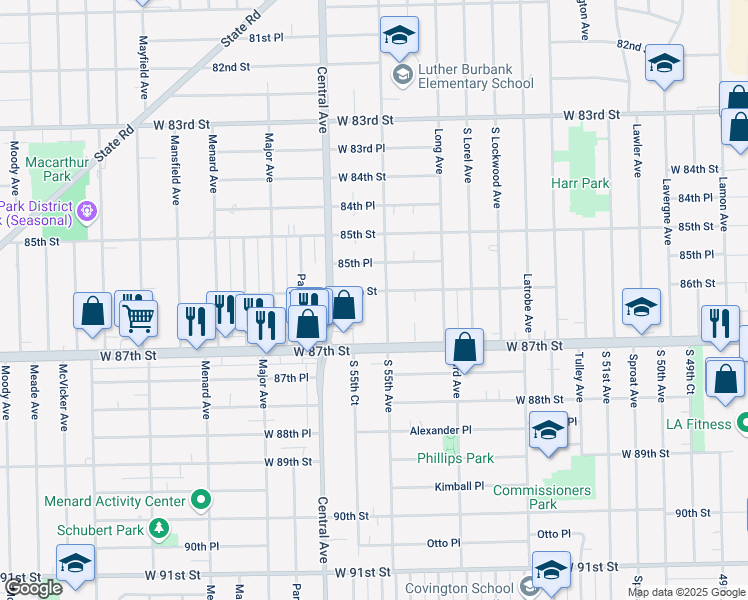 map of restaurants, bars, coffee shops, grocery stores, and more near 5535 86th Street in Burbank
