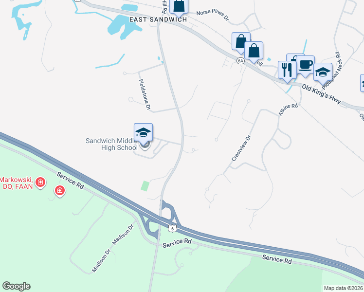 map of restaurants, bars, coffee shops, grocery stores, and more near 365 Quaker Meetinghouse Road in Sandwich
