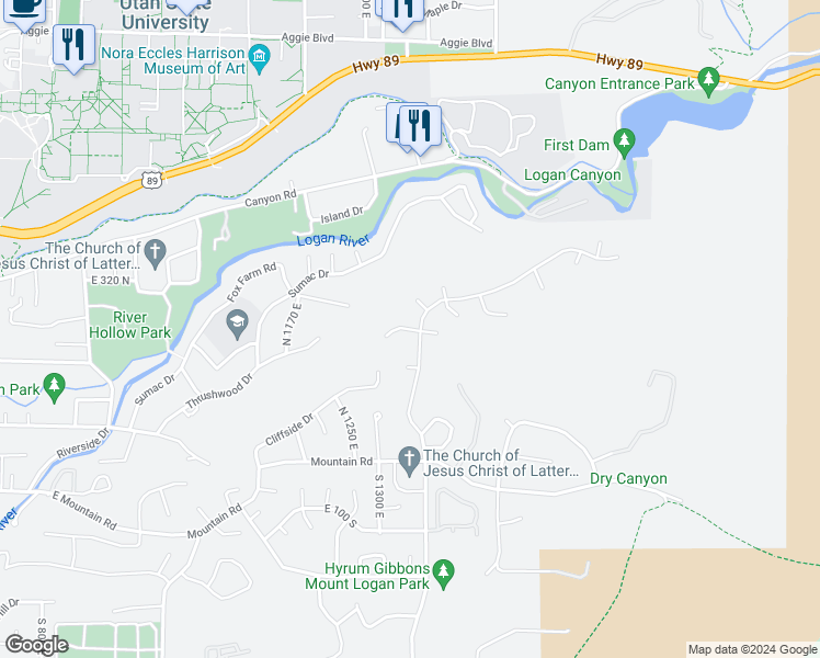 map of restaurants, bars, coffee shops, grocery stores, and more near 1498 Condor Heights in Logan