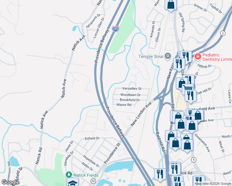 map of restaurants, bars, coffee shops, grocery stores, and more near 96 Versailles Street in Cranston