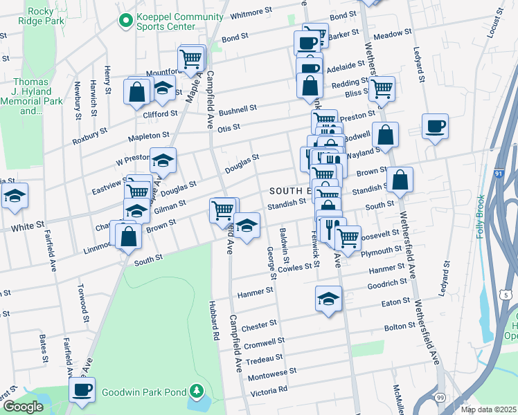 map of restaurants, bars, coffee shops, grocery stores, and more near 190 Standish Street in Hartford