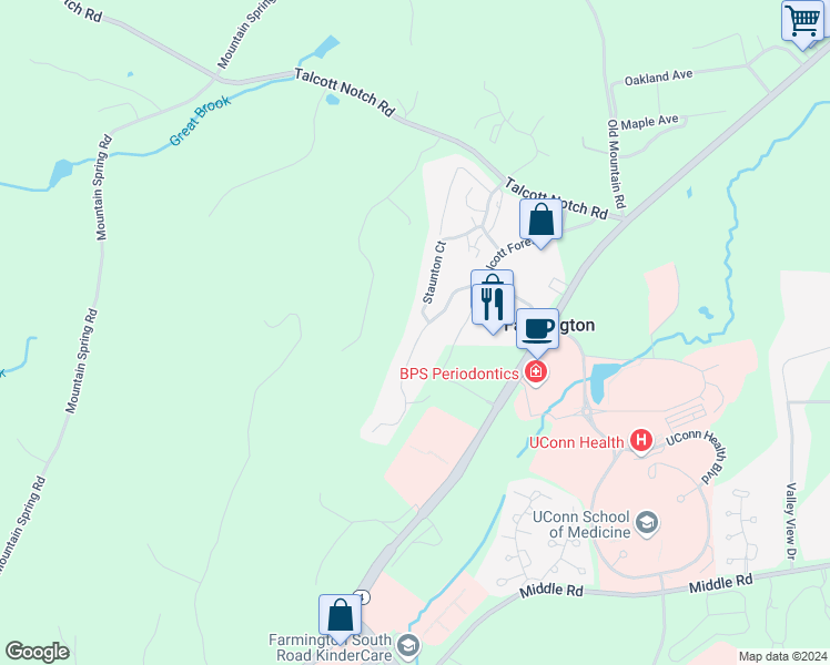 map of restaurants, bars, coffee shops, grocery stores, and more near 1 Talcott Forest Road in Farmington