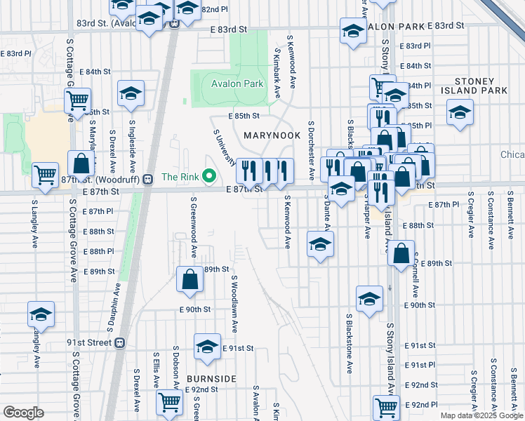 map of restaurants, bars, coffee shops, grocery stores, and more near 1224 East 87th Place in Chicago