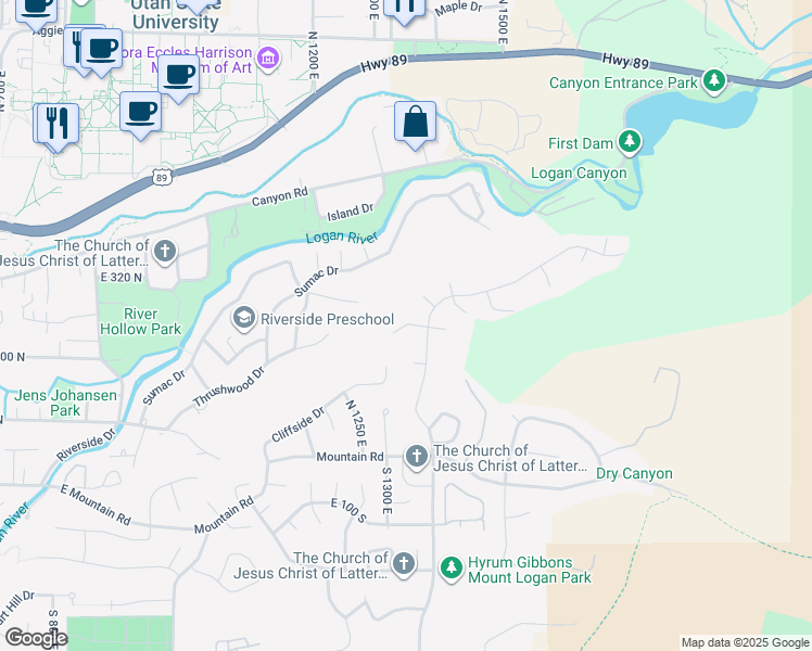 map of restaurants, bars, coffee shops, grocery stores, and more near 1376 East 260 North in Logan