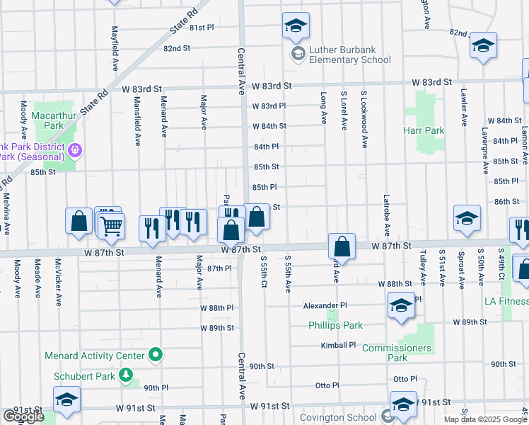 map of restaurants, bars, coffee shops, grocery stores, and more near 5535 86th Street in Burbank