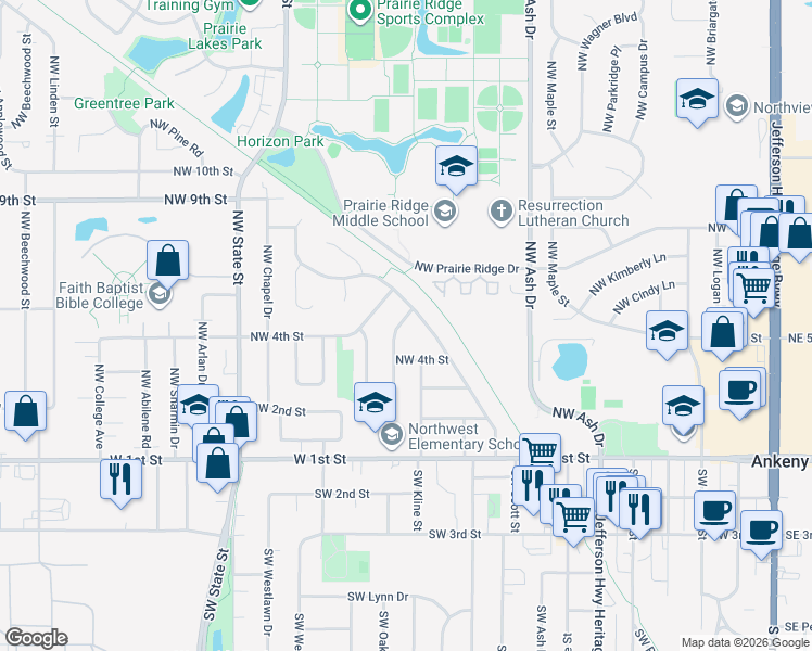 map of restaurants, bars, coffee shops, grocery stores, and more near 425 Northwest Bramble Road in Ankeny