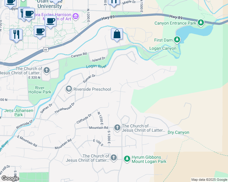 map of restaurants, bars, coffee shops, grocery stores, and more near 1374 East 260 North in Logan