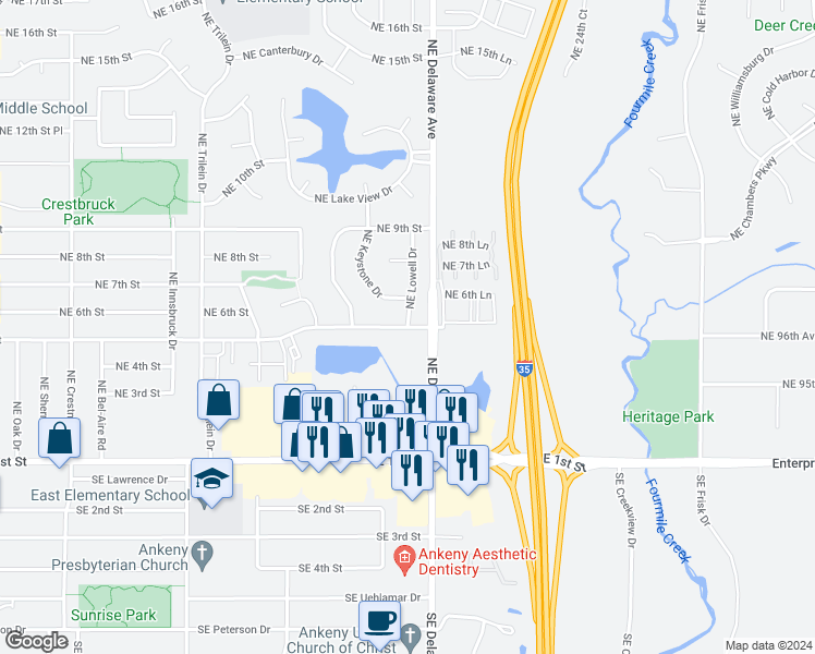 map of restaurants, bars, coffee shops, grocery stores, and more near 1116 Northeast 5th Street in Ankeny