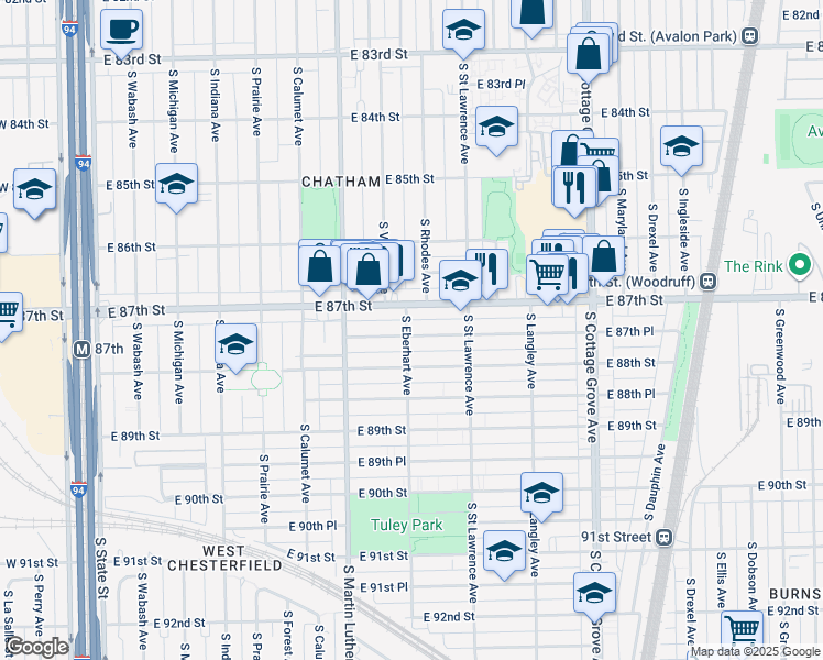 map of restaurants, bars, coffee shops, grocery stores, and more near 500 East 87th Place in Chicago