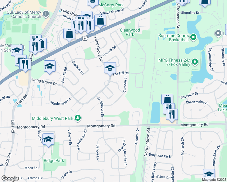 map of restaurants, bars, coffee shops, grocery stores, and more near 1070 Norwood Lane in Aurora