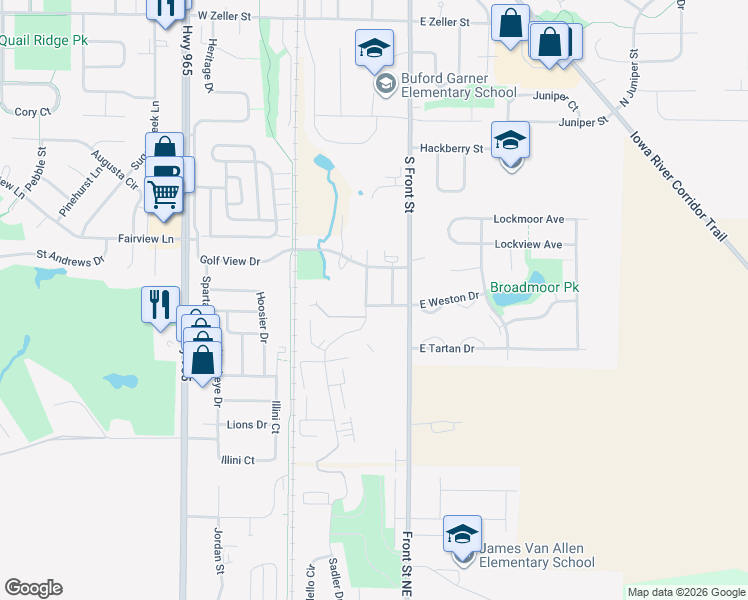 map of restaurants, bars, coffee shops, grocery stores, and more near 642 Rachael Street in North Liberty