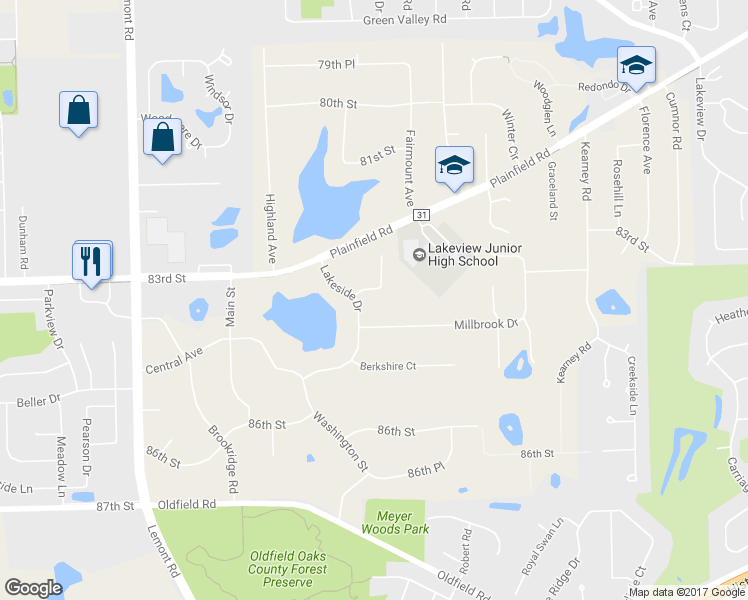 map of restaurants, bars, coffee shops, grocery stores, and more near 8319 Cambridge Court in Downers Grove