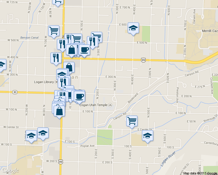 map of restaurants, bars, coffee shops, grocery stores, and more near 271 Temple Avenue in Logan