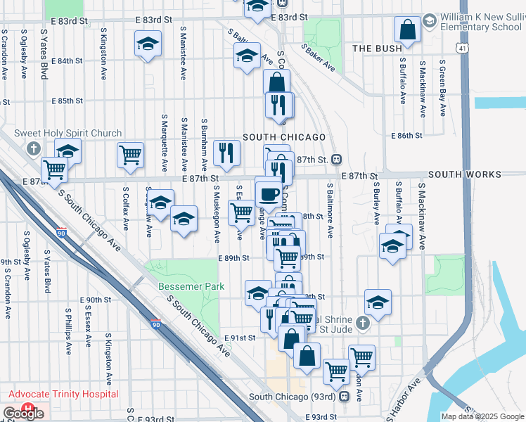 map of restaurants, bars, coffee shops, grocery stores, and more near 8739 South Exchange Avenue in Chicago