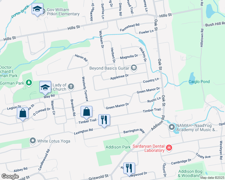 map of restaurants, bars, coffee shops, grocery stores, and more near 163 Country Lane in East Hartford