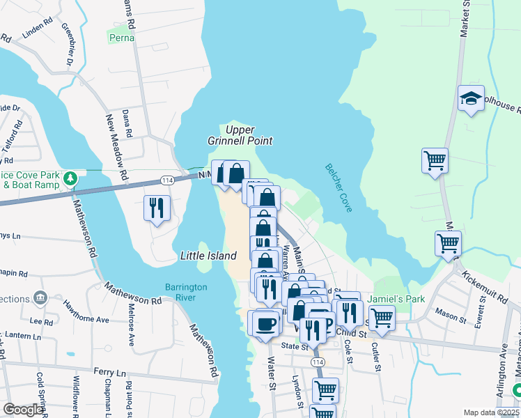 map of restaurants, bars, coffee shops, grocery stores, and more near Main Street in Warren
