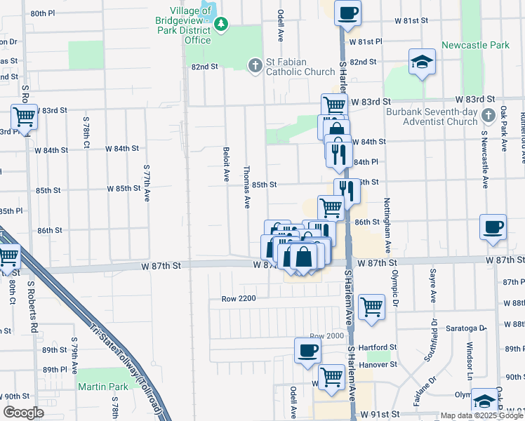 map of restaurants, bars, coffee shops, grocery stores, and more near 7345 West 85th Place in Oak Lawn