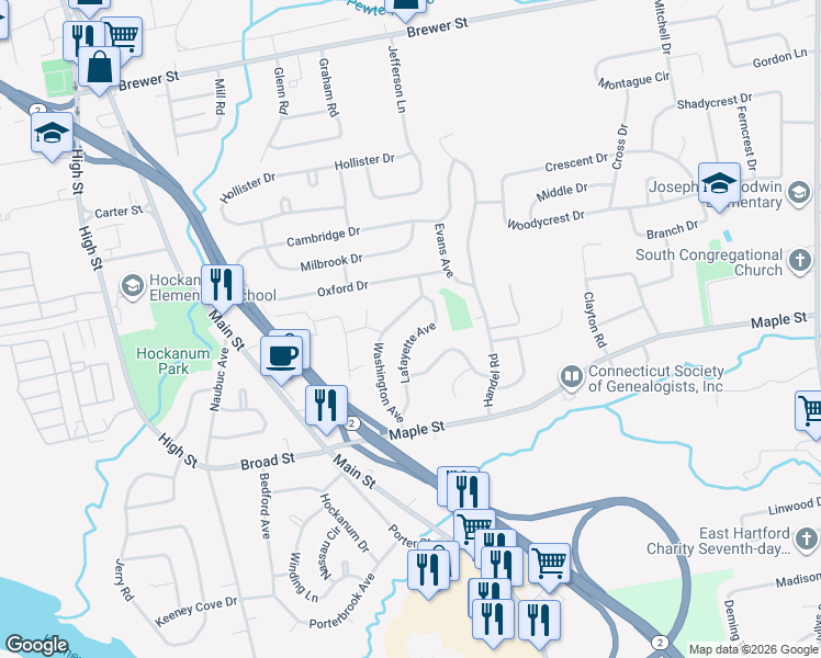 map of restaurants, bars, coffee shops, grocery stores, and more near 67 Lafayette Avenue in East Hartford