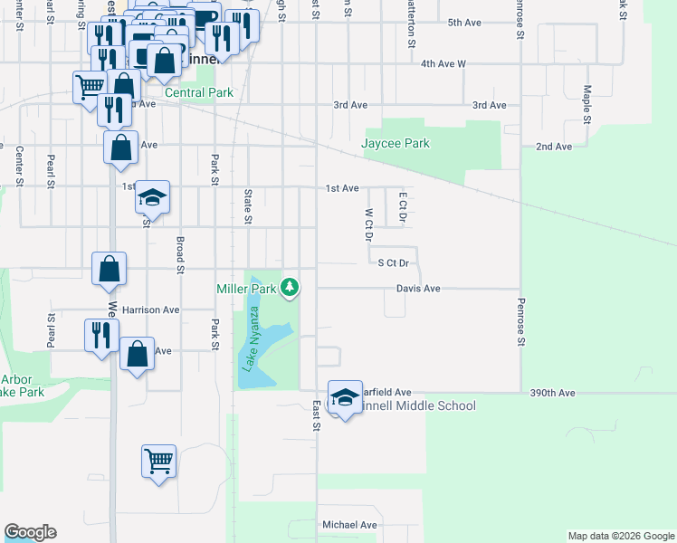 map of restaurants, bars, coffee shops, grocery stores, and more near 2-20 Washington Place in Grinnell