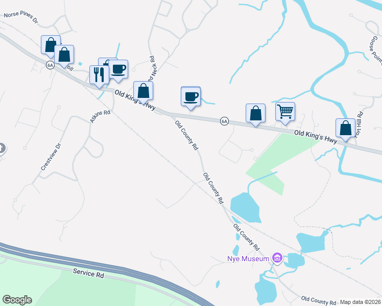 map of restaurants, bars, coffee shops, grocery stores, and more near 18 Old County Road in Sandwich