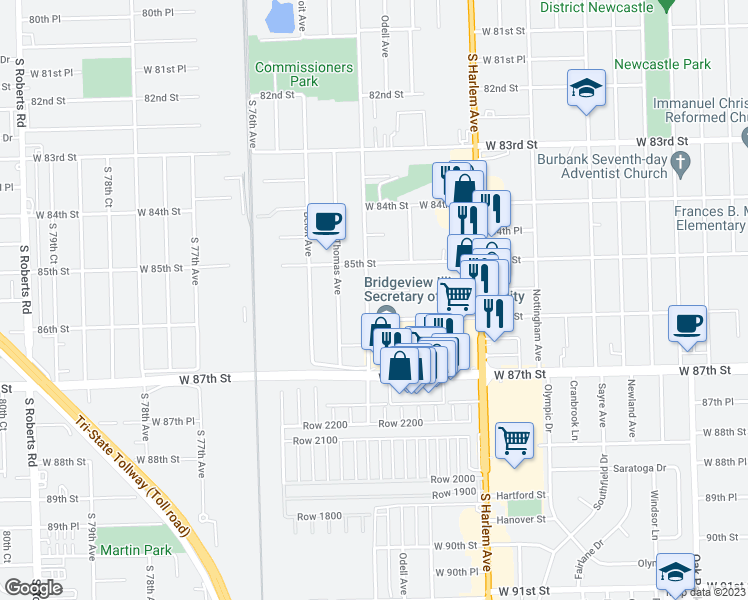 map of restaurants, bars, coffee shops, grocery stores, and more near 7345 West 85th Place in Oak Lawn