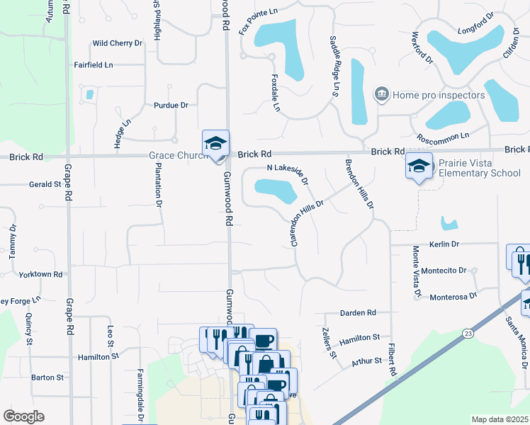 map of restaurants, bars, coffee shops, grocery stores, and more near 15998-52001 South Lakeshore Drive in Granger
