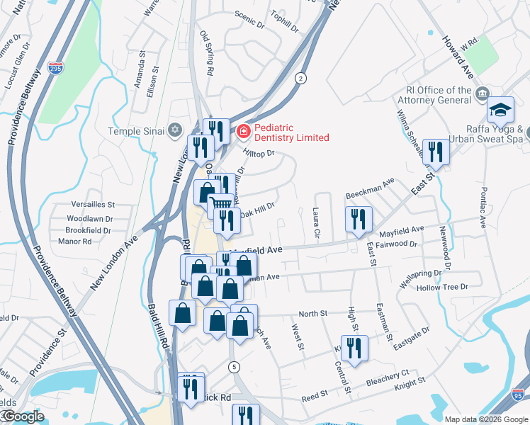 map of restaurants, bars, coffee shops, grocery stores, and more near 65 Oak Hill Dr in Cranston
