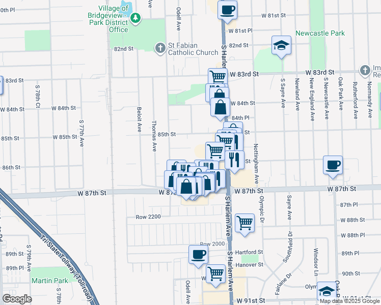 map of restaurants, bars, coffee shops, grocery stores, and more near 7315 West 85th Place in Bridgeview