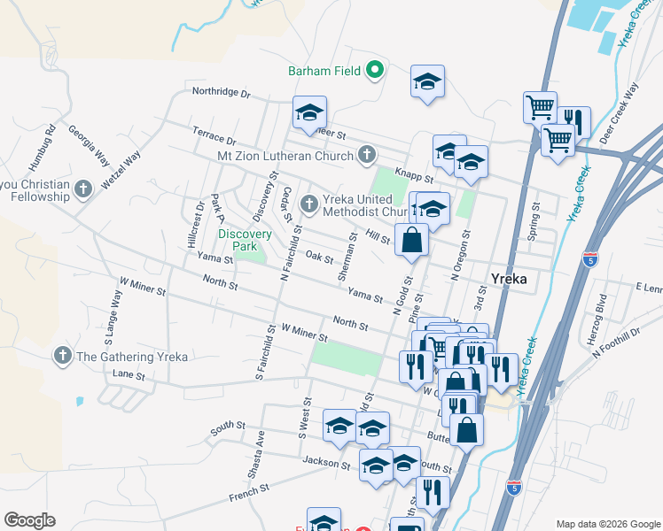 map of restaurants, bars, coffee shops, grocery stores, and more near 713 Oak Street in Yreka
