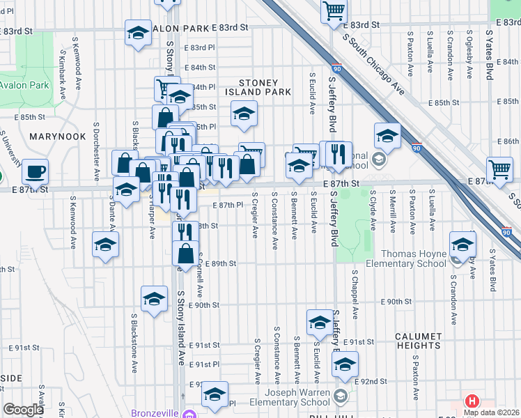 map of restaurants, bars, coffee shops, grocery stores, and more near 8737 South Cregier Avenue in Chicago