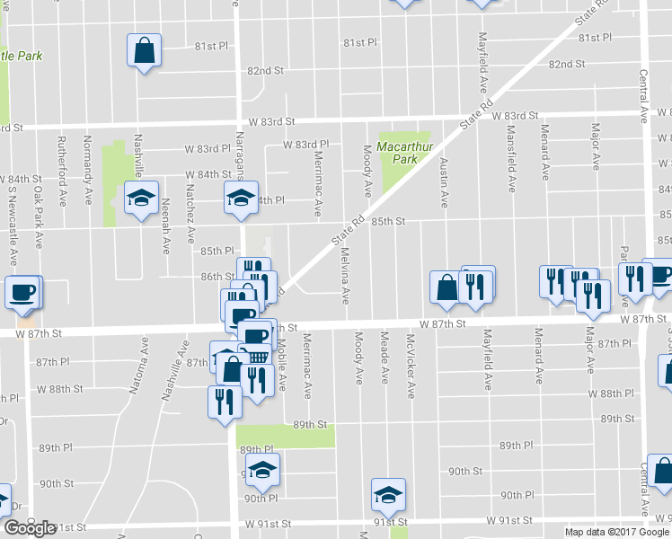 map of restaurants, bars, coffee shops, grocery stores, and more near 8550 Melvina Avenue in Burbank