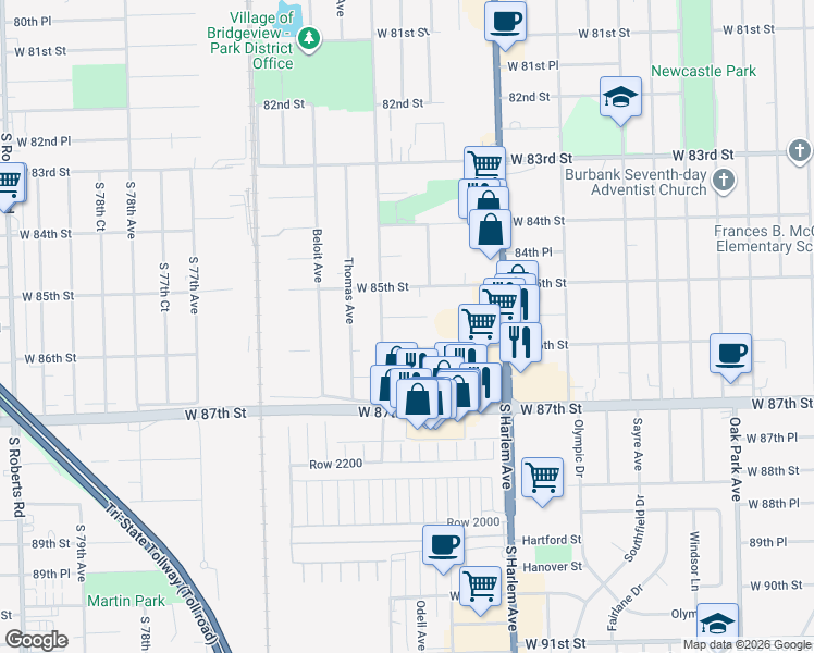 map of restaurants, bars, coffee shops, grocery stores, and more near 7315 West 85th Place in Bridgeview