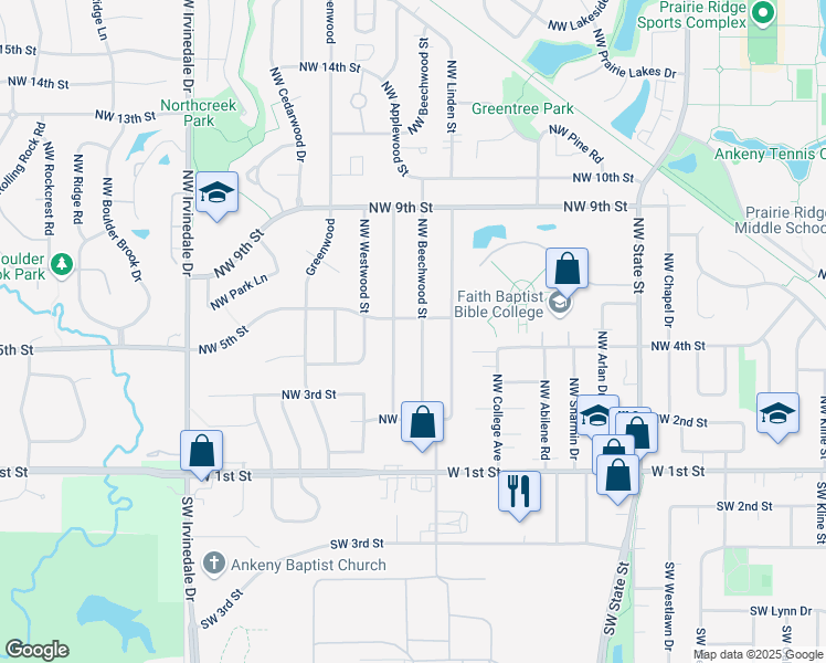 map of restaurants, bars, coffee shops, grocery stores, and more near 412 Northwest Beechwood Street in Ankeny