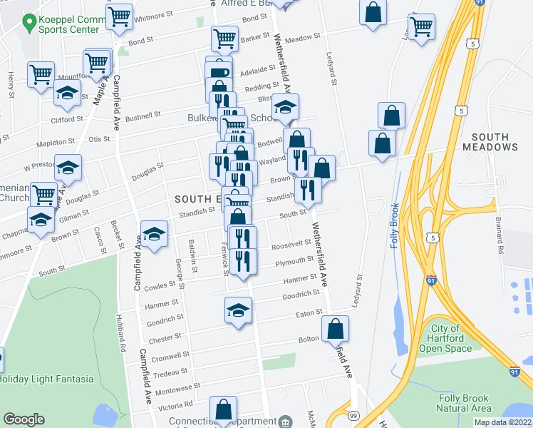map of restaurants, bars, coffee shops, grocery stores, and more near 60 South Street in Hartford