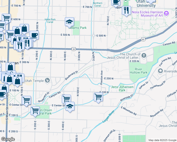 map of restaurants, bars, coffee shops, grocery stores, and more near 558 Canyon Road in Logan
