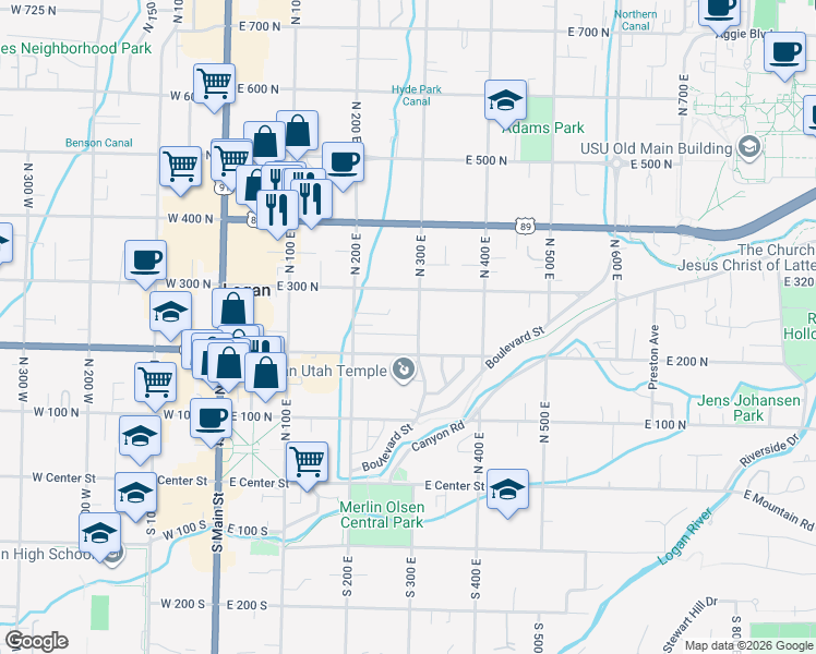 map of restaurants, bars, coffee shops, grocery stores, and more near 271 Temple Avenue in Logan