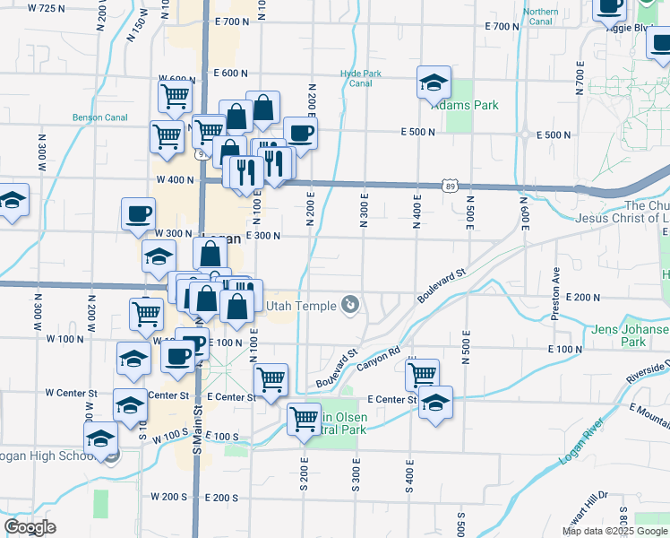 map of restaurants, bars, coffee shops, grocery stores, and more near 271 Temple Avenue in Logan