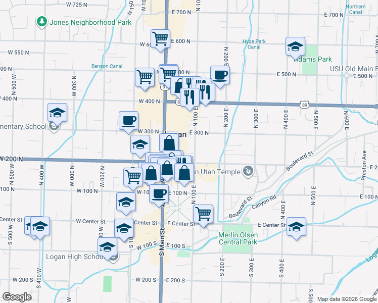 map of restaurants, bars, coffee shops, grocery stores, and more near in Logan
