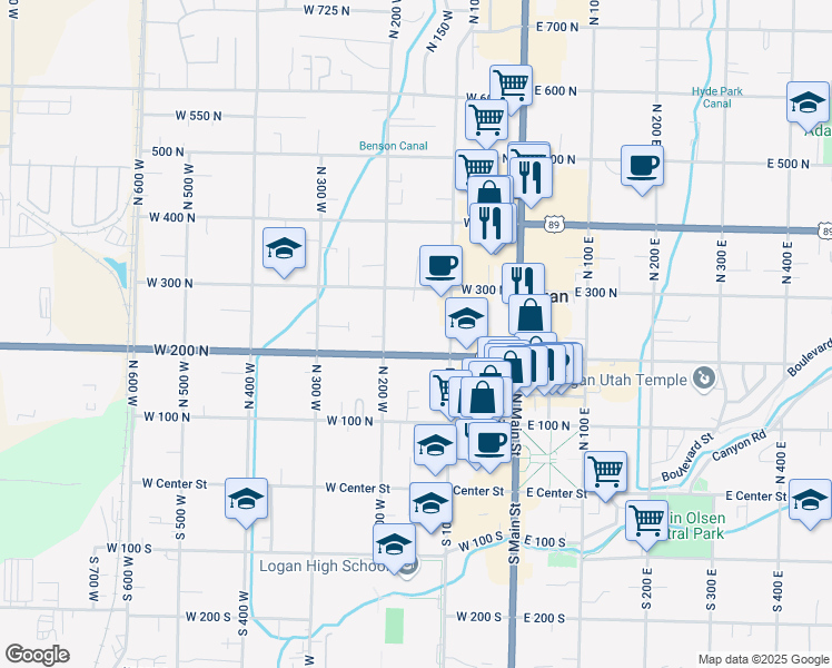 map of restaurants, bars, coffee shops, grocery stores, and more near 132 West 300 North in Logan