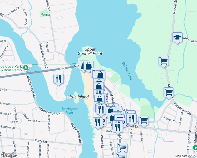 map of restaurants, bars, coffee shops, grocery stores, and more near 121 North Main Street in Warren